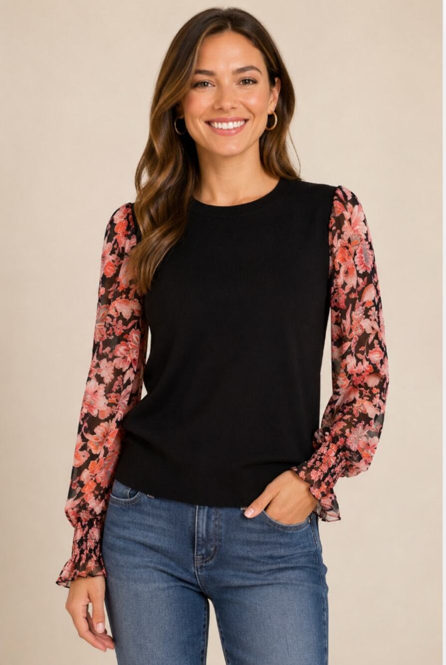 Fate Black Sweater Floral Sheer Puff Sleeve Smocked Cuff Boutique Top S